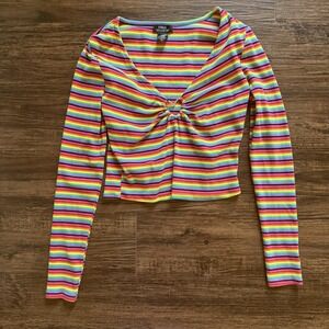 Social Collision Rainbow Striped Ribbed Top M Long Sleeve V-Neck Metal Heart